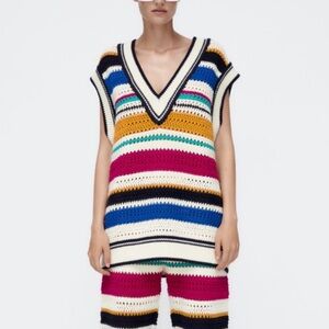 Zara Multicolored Striped V-Neck Oversized Sleeveless Knit Vest, Size Large
